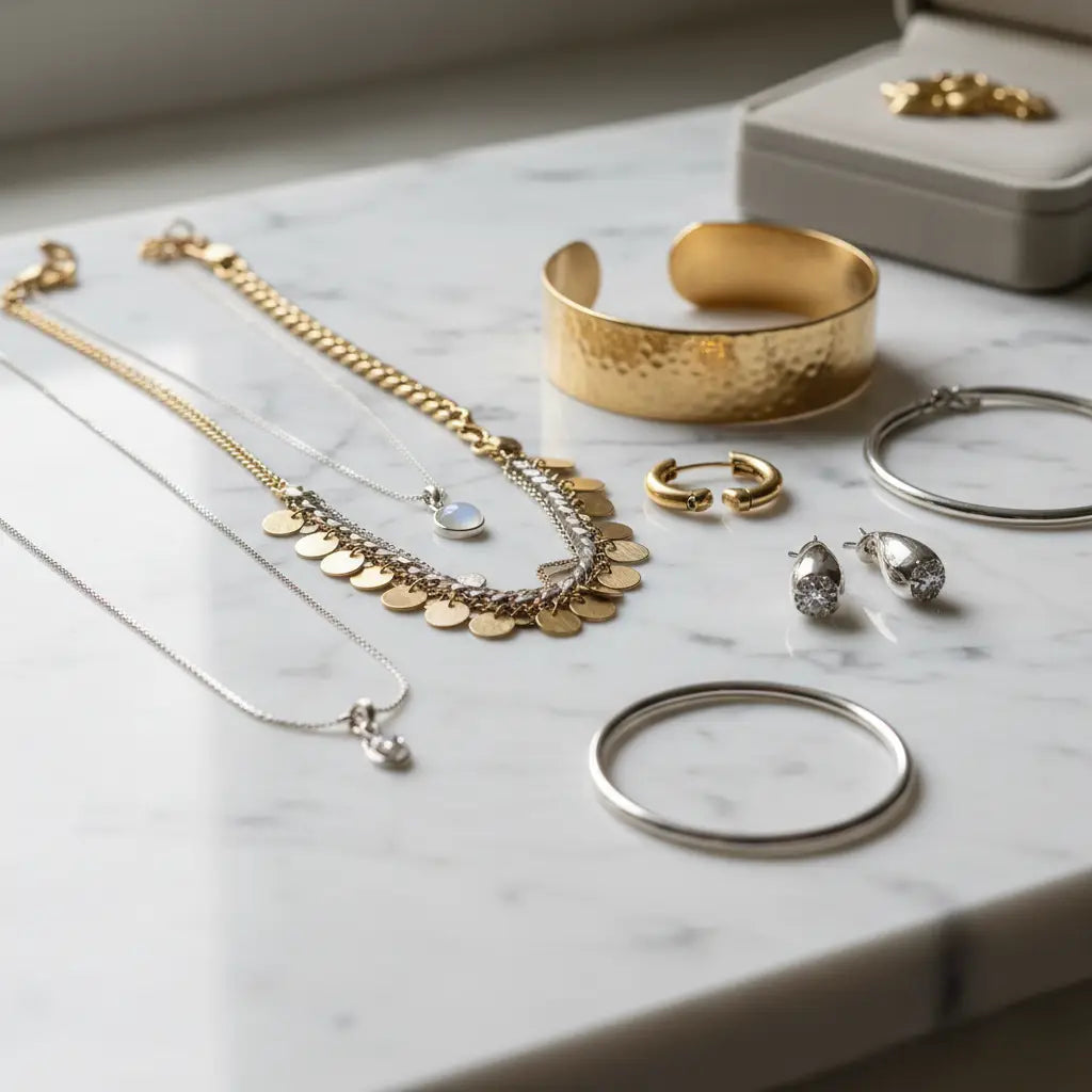 essential jewelry care tips flatlays gold and silver jewelry