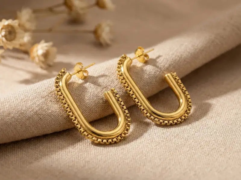 Golden chain hoop earrings on fabric background