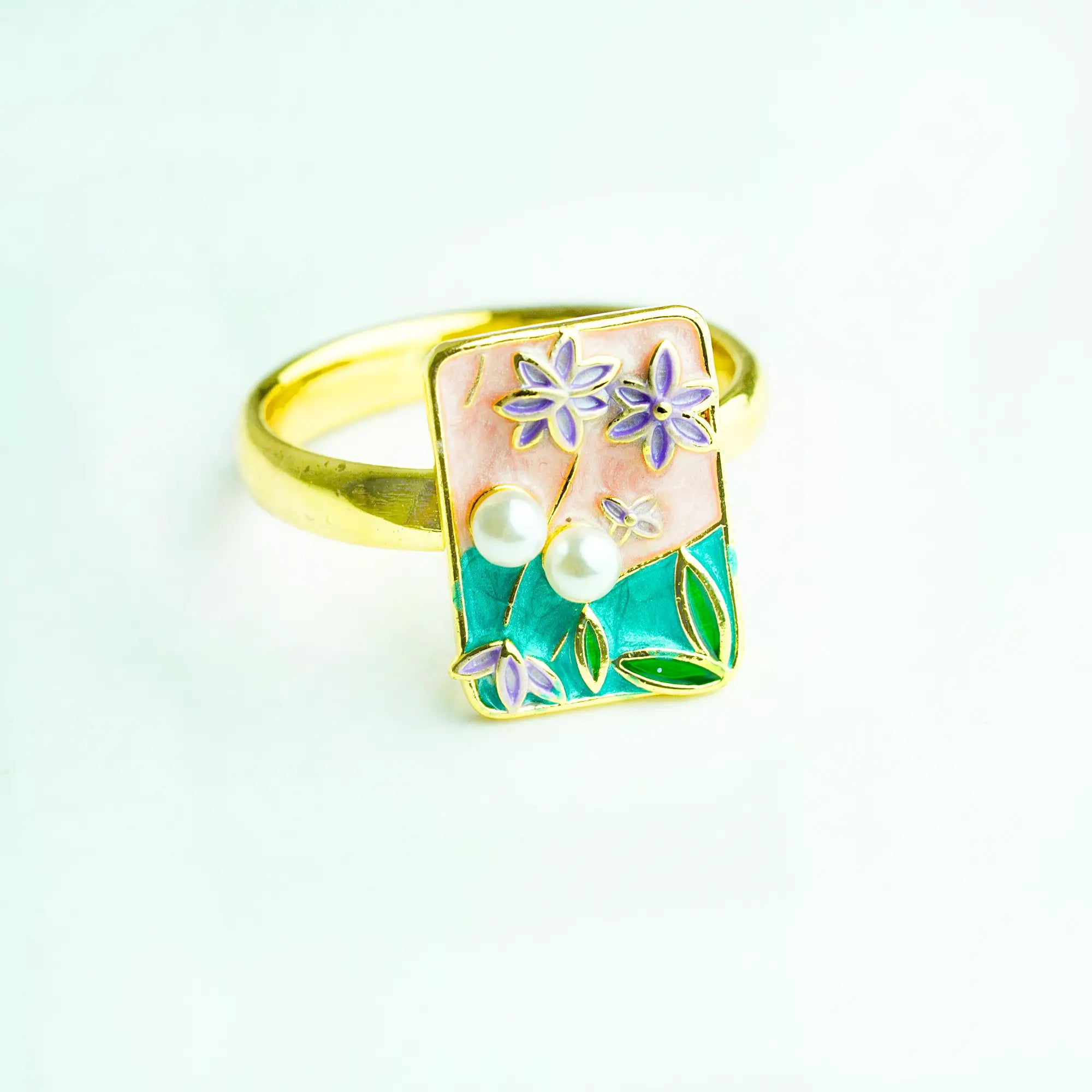 Floral Enamel Pearl Statement Ring Gold Finish | MoodStan Rings