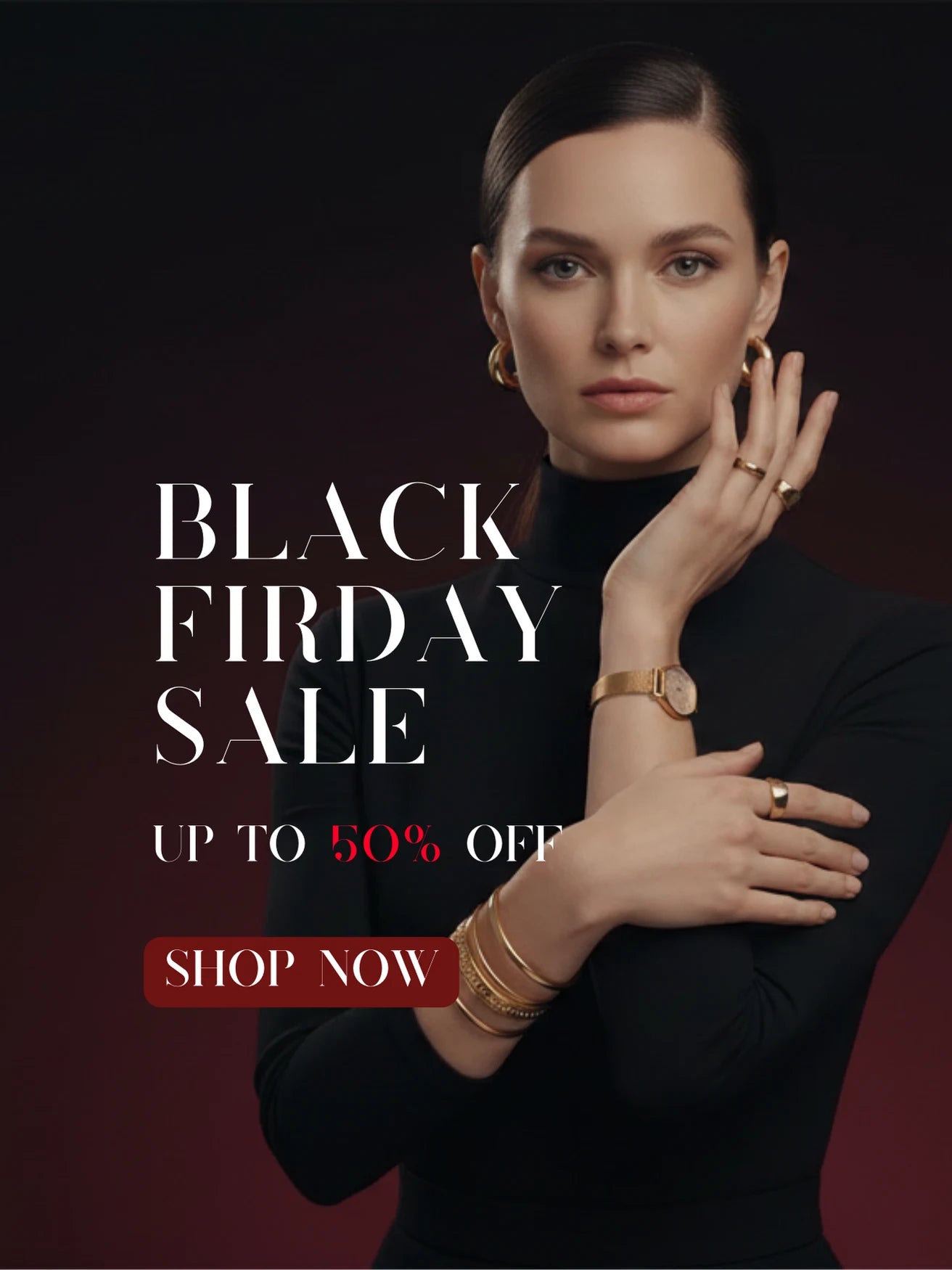 Woman wearing jewelry with Black Friday sale text on a dark background