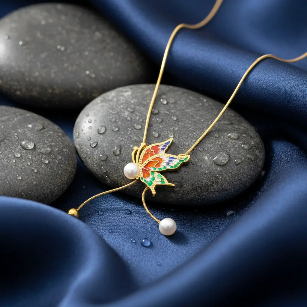Enamel Pearl Butterfly Necklace