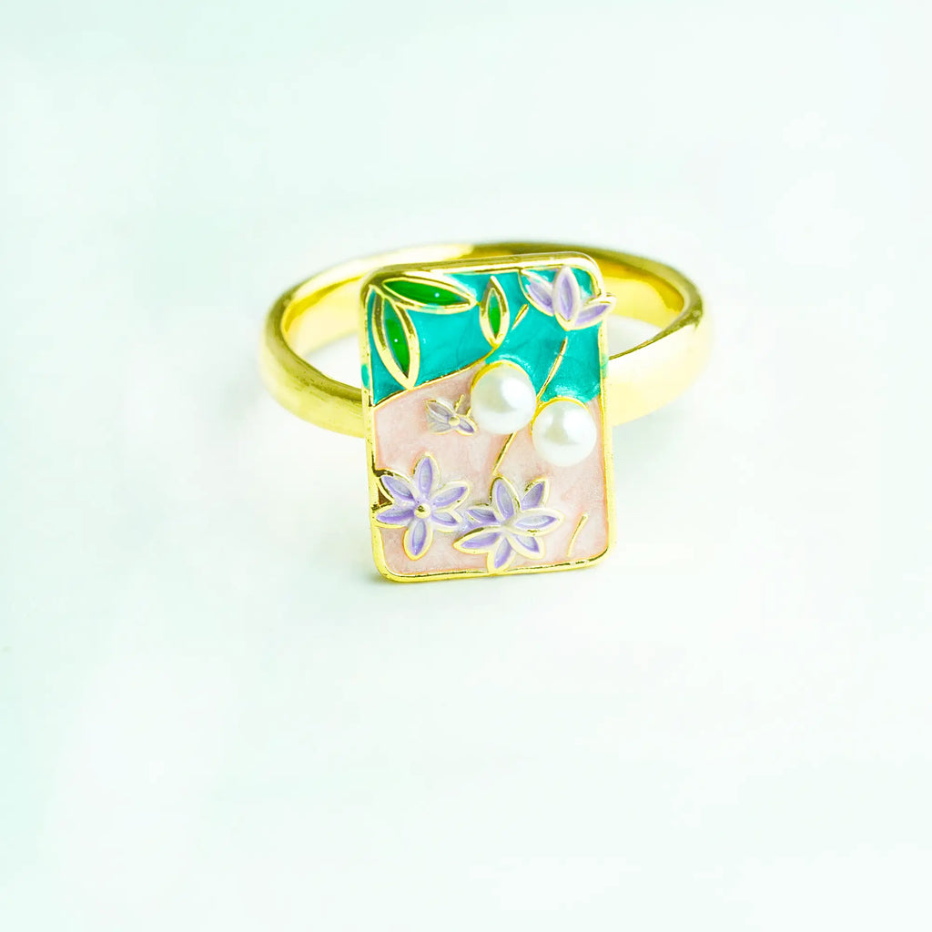Floral Enamel Pearl Statement Ring Gold Finish | MoodStan Rings