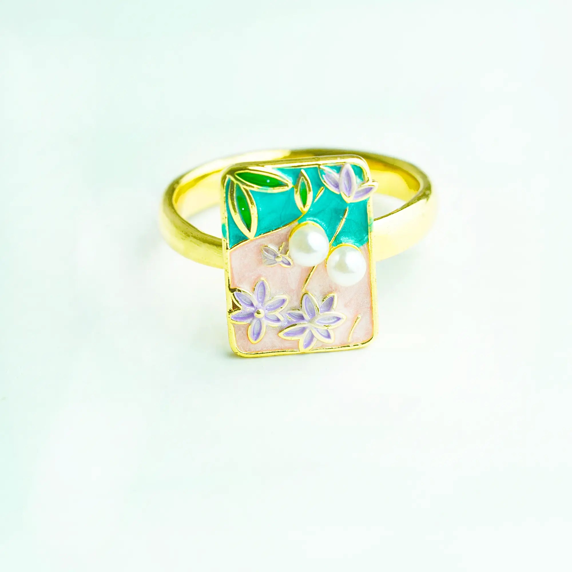 Floral Enamel Pearl Statement Ring Gold Finish | MoodStan Rings