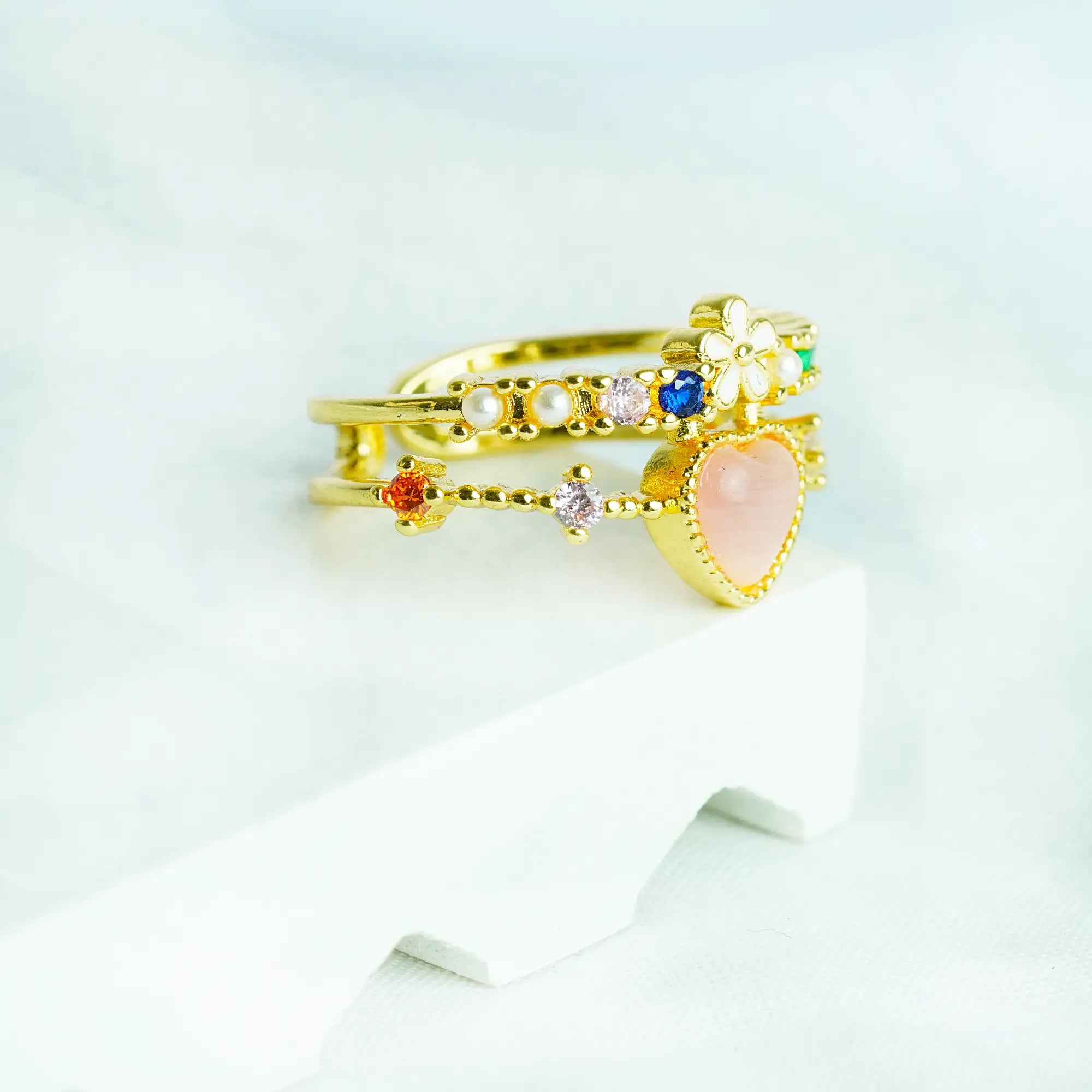 Gemstone Heart Ring with Floral Design | MoodStan Rings