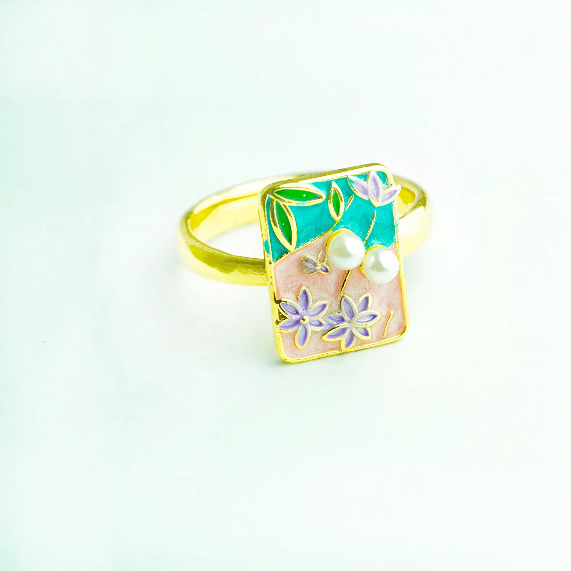 Floral Enamel Pearl Statement Ring Gold Finish | MoodStan Rings