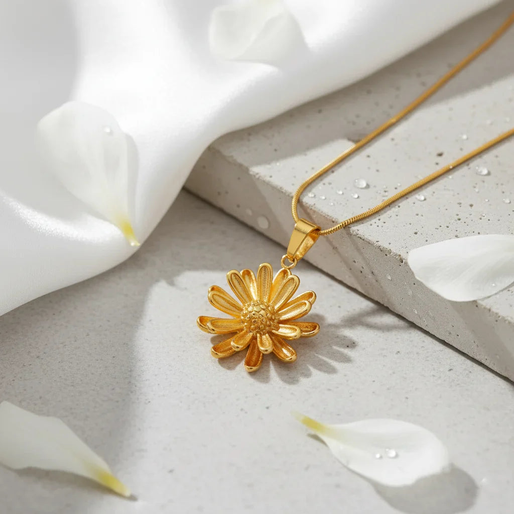 sunflower anti tarnish pendant on minimalistic, concreat slab
