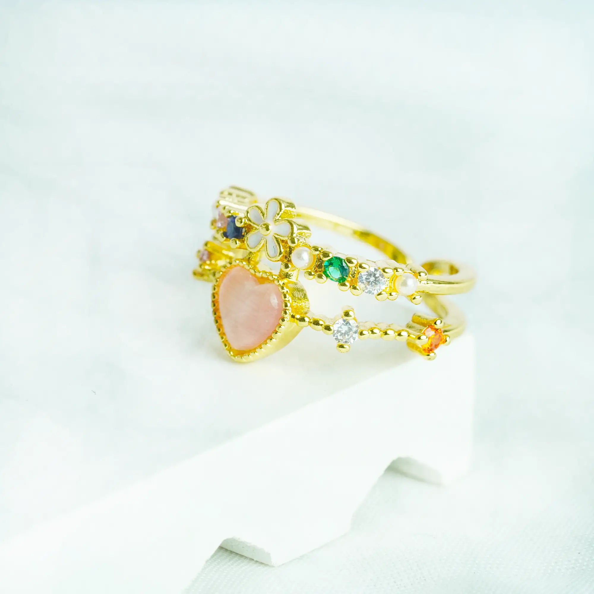 Gemstone Heart Ring with Floral Design | MoodStan Rings