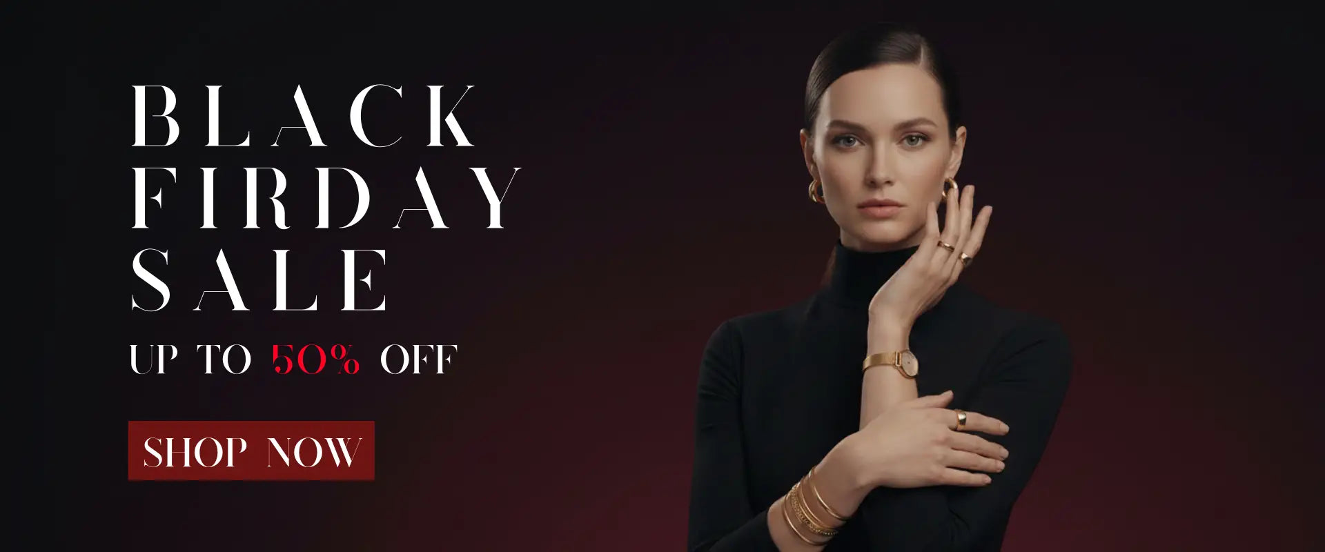 Woman wearing jewelry with Black Friday sale text on a dark background
