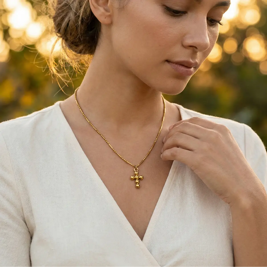 Gold Beaded Cross Pendant Necklace