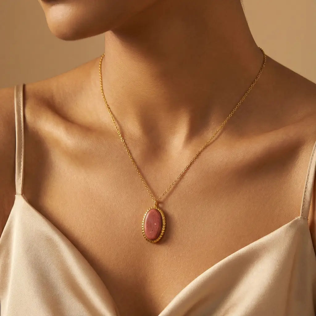 Necklace with a pink pendant worn by a person against a neutral background