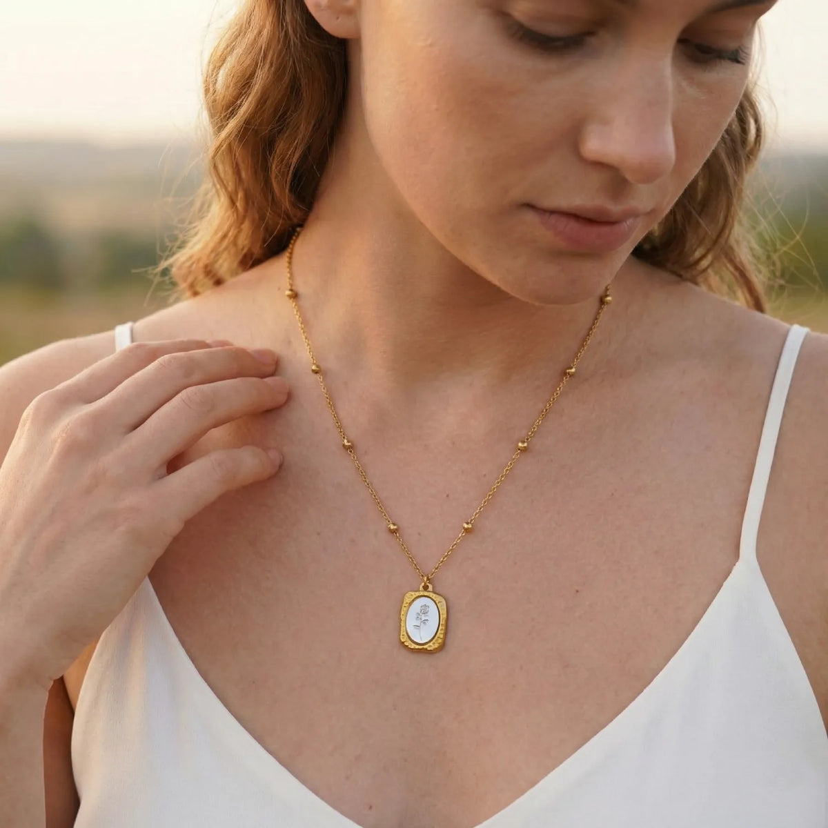 Hammered Golden Rectangular Rose Pendant Necklace