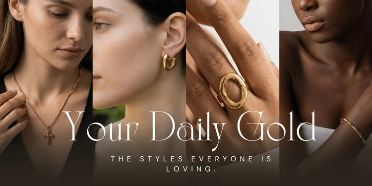 Collage of people wearing gold jewelry with 'Your Daily Gold' text.